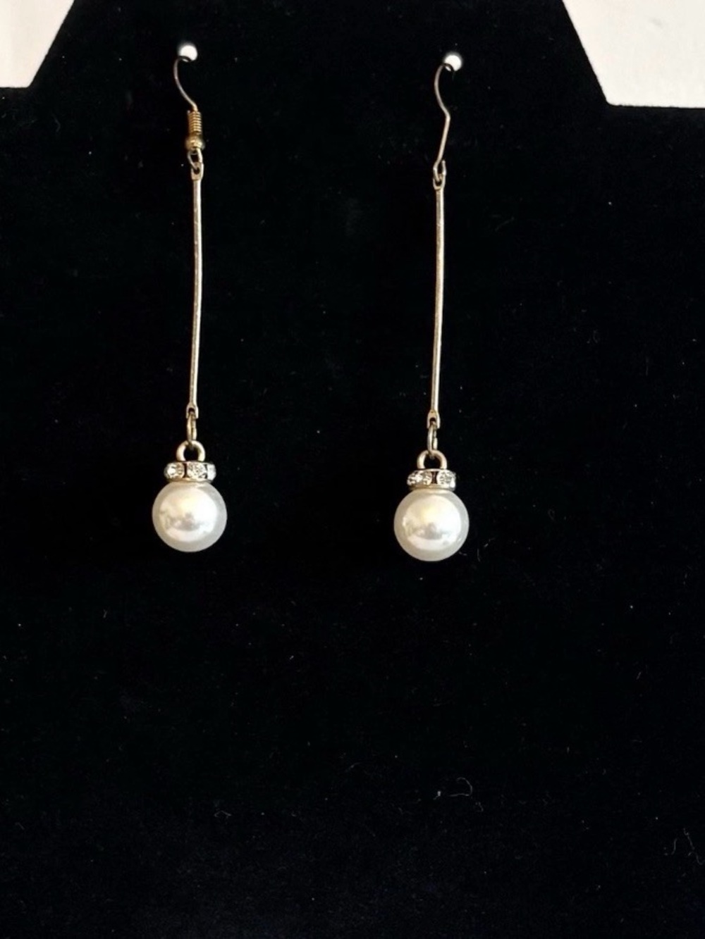 Elegant Vintage Faux Pearl Rhinestone Drop Earrings Gold Tone